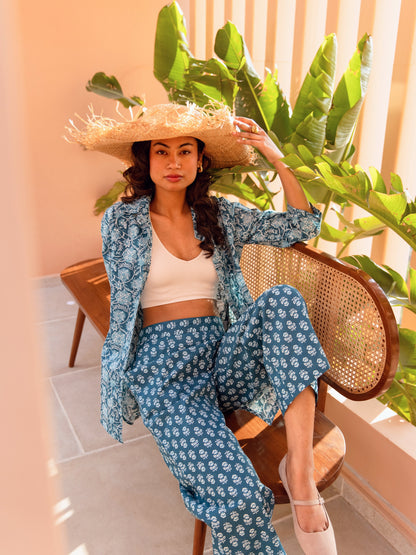 Sea Blue Breeze Print Pure Cotton Collar Shirt Co-ord set