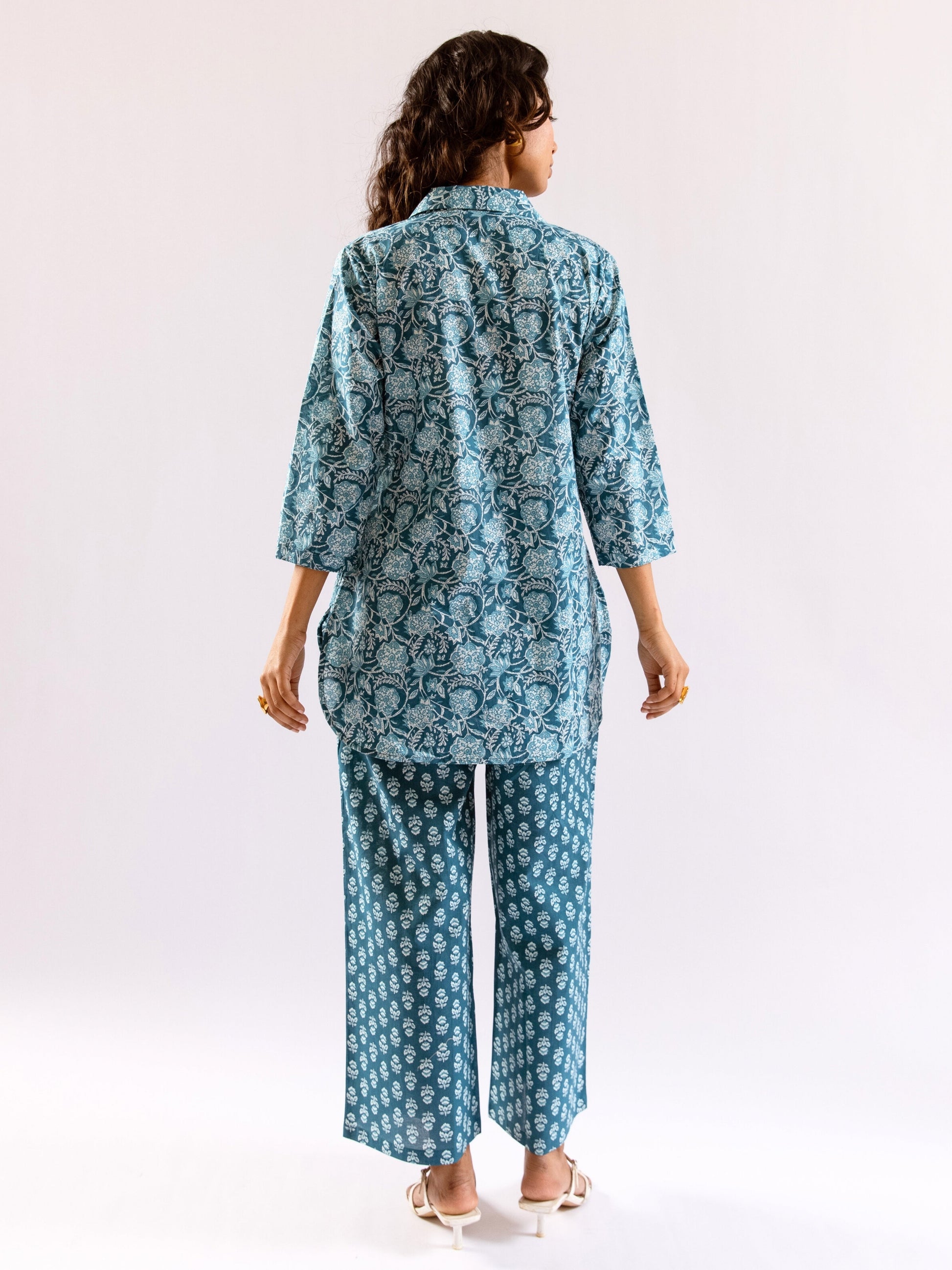 Sea Blue Breeze Print Pure Cotton Collar Shirt Co-ord set