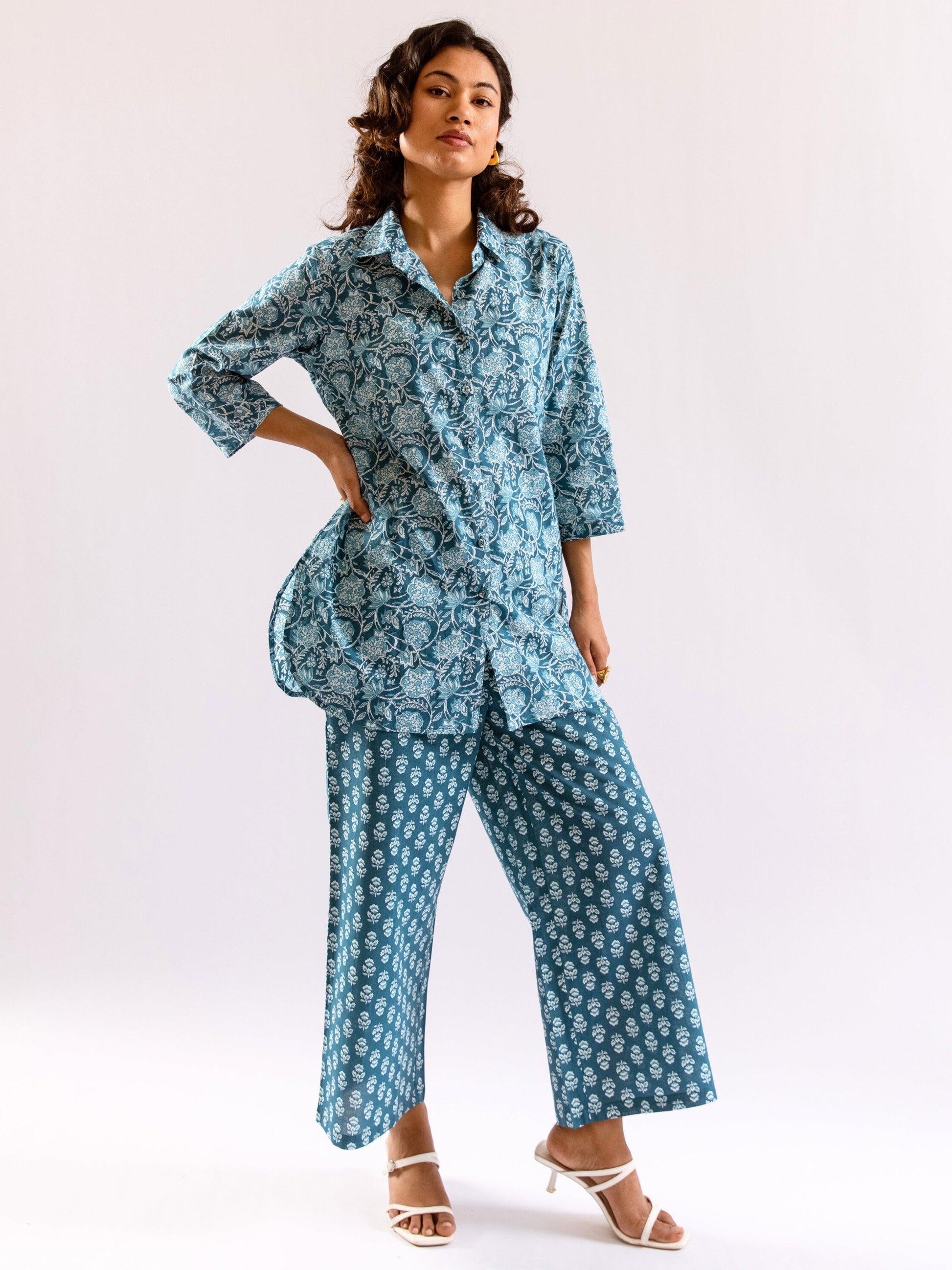 Sea Blue Breeze Print Pure Cotton Collar Shirt Co-ord set
