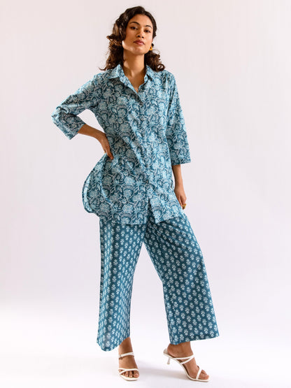 Sea Blue Breeze Print Pure Cotton Collar Shirt Co-ord set