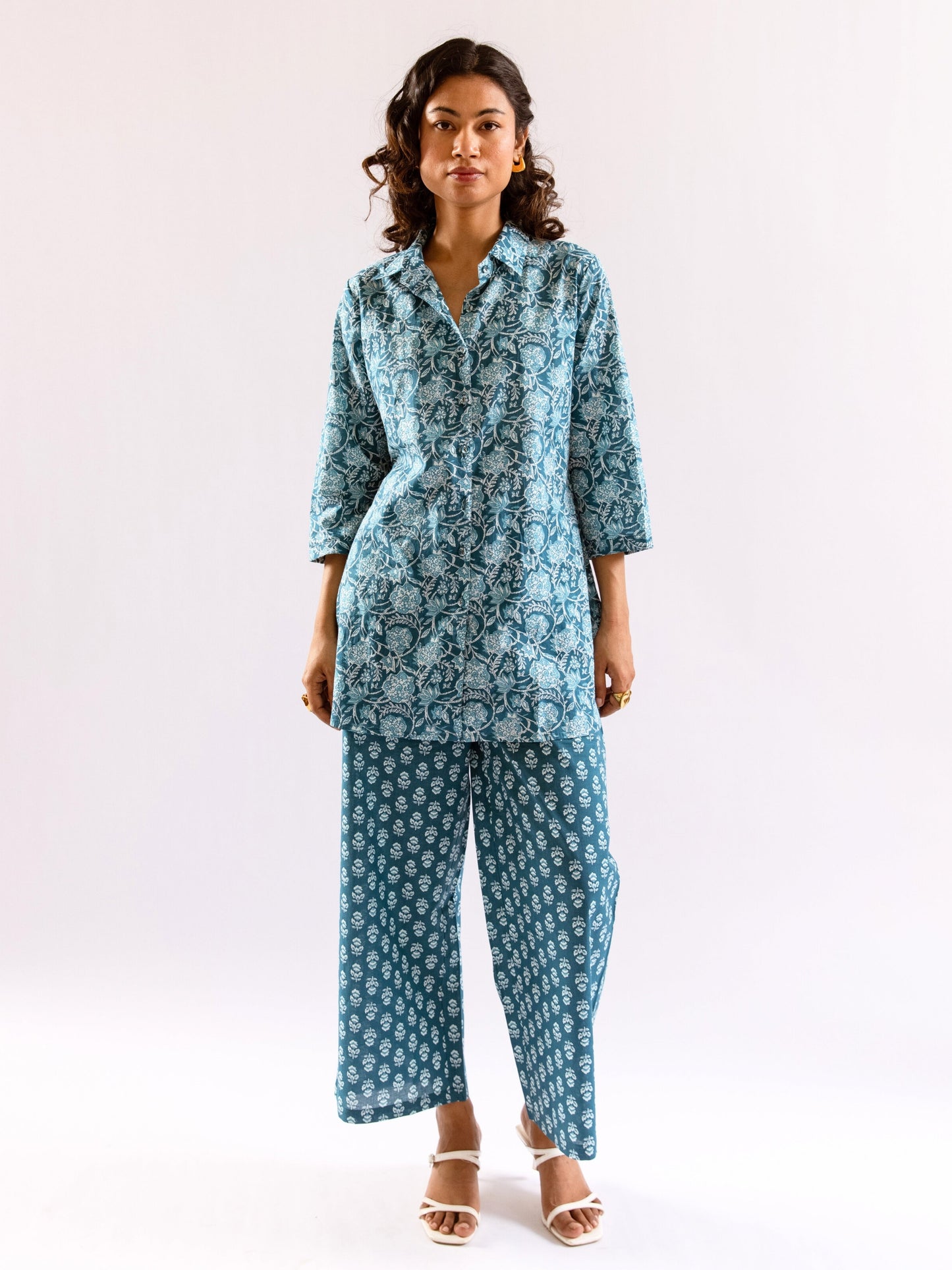 Sea Blue Breeze Print Pure Cotton Collar Shirt Co-ord set