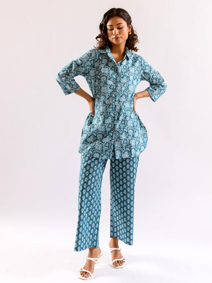Sea Blue Breeze Print Pure Cotton Collar Shirt Co-ord set