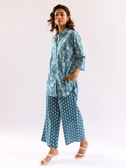 Sea Blue Breeze Print Pure Cotton Collar Shirt Co-ord set