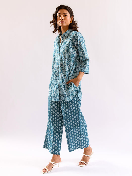 Sea Blue Breeze Print Pure Cotton Collar Shirt Co-ord set