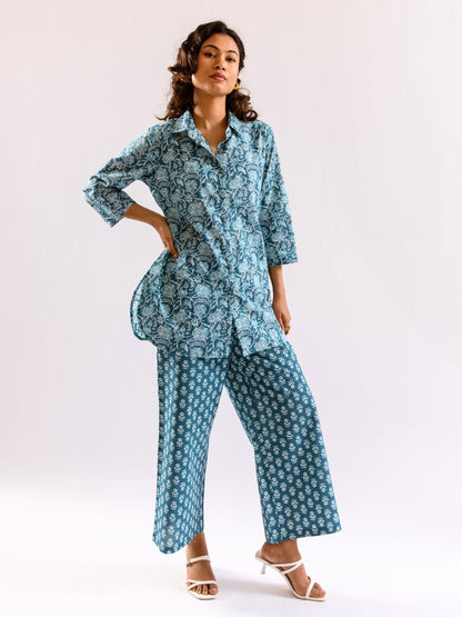 Sea Blue Breeze Print Pure Cotton Collar Shirt Co-ord set