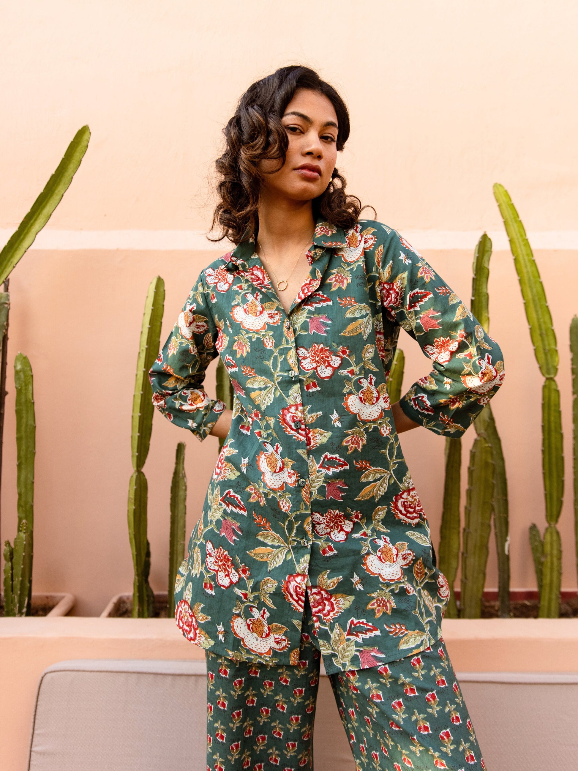 Green Leafy Charm Print Pure Cotton Collar Shirt Co-ord set