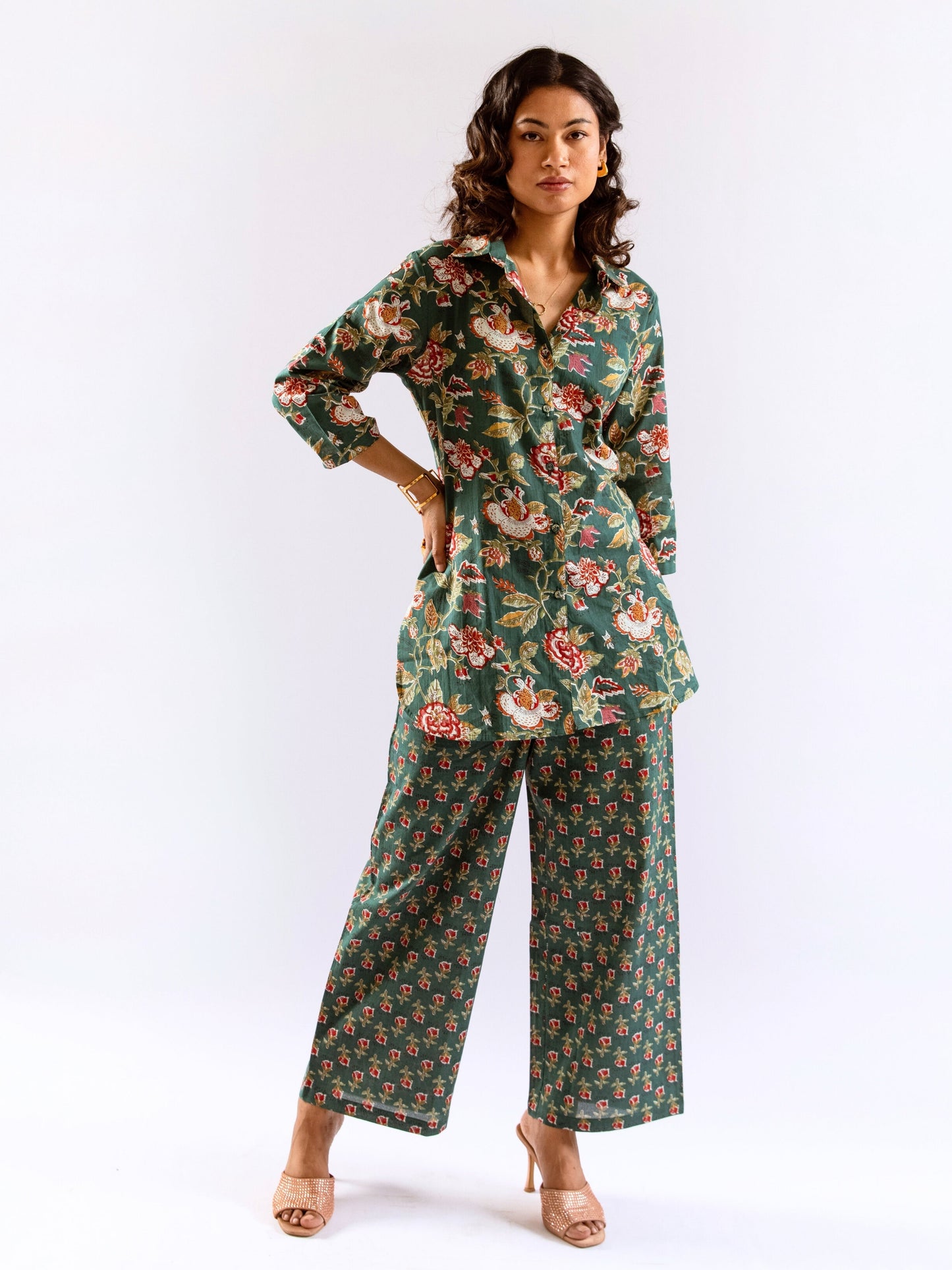 Green Leafy Charm Print Pure Cotton Collar Shirt Co-ord set