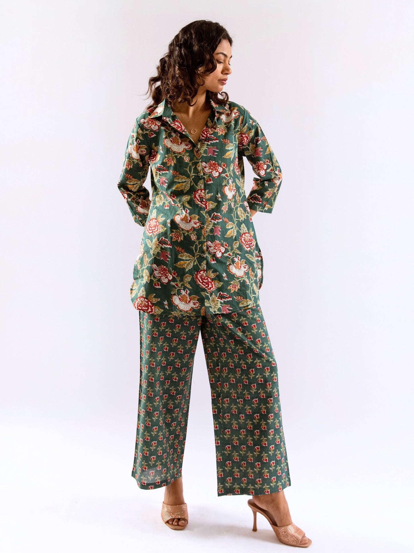 Green Leafy Charm Print Pure Cotton Collar Shirt Co-ord set