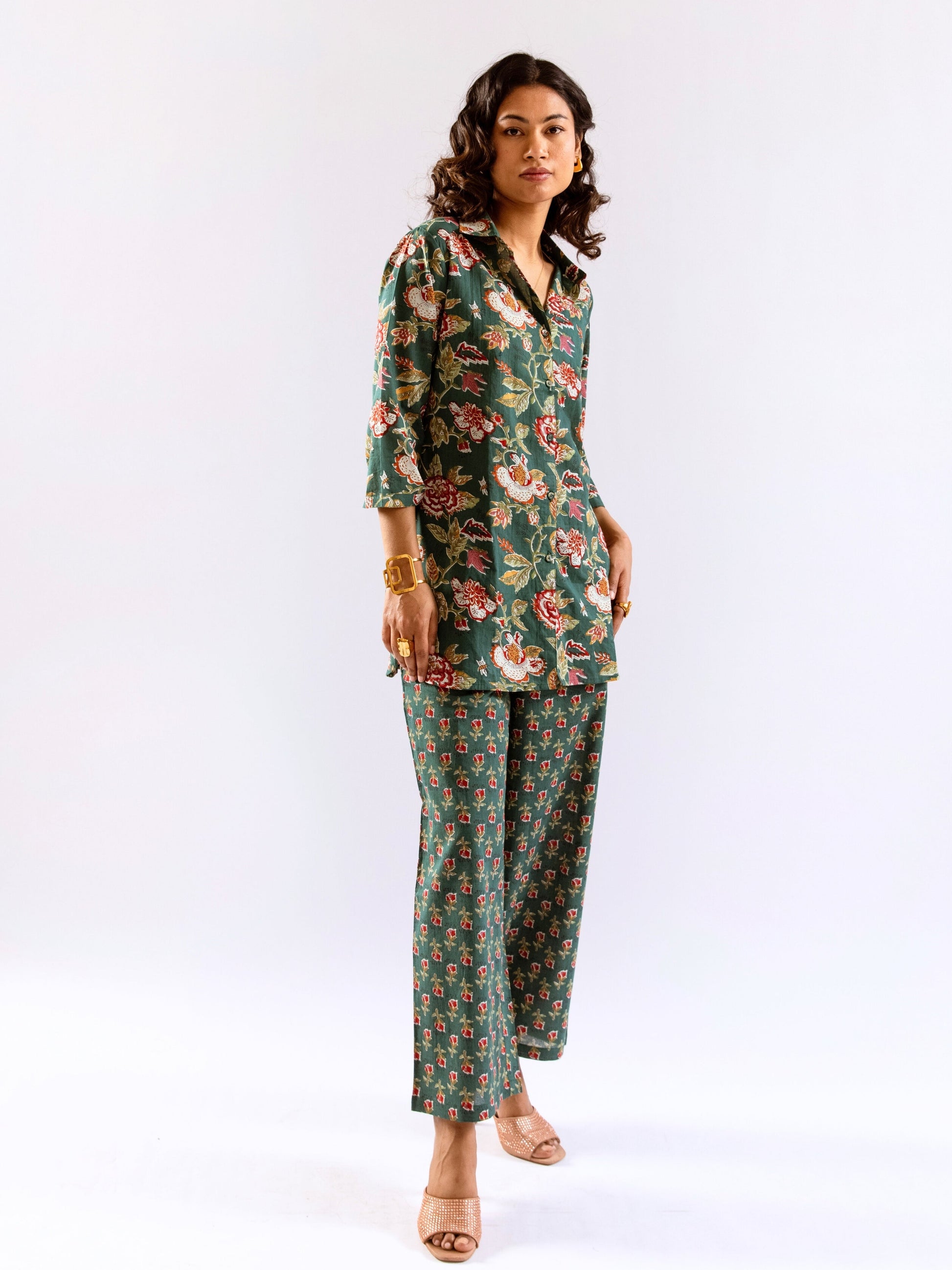 Green Leafy Charm Print Pure Cotton Collar Shirt Co-ord set