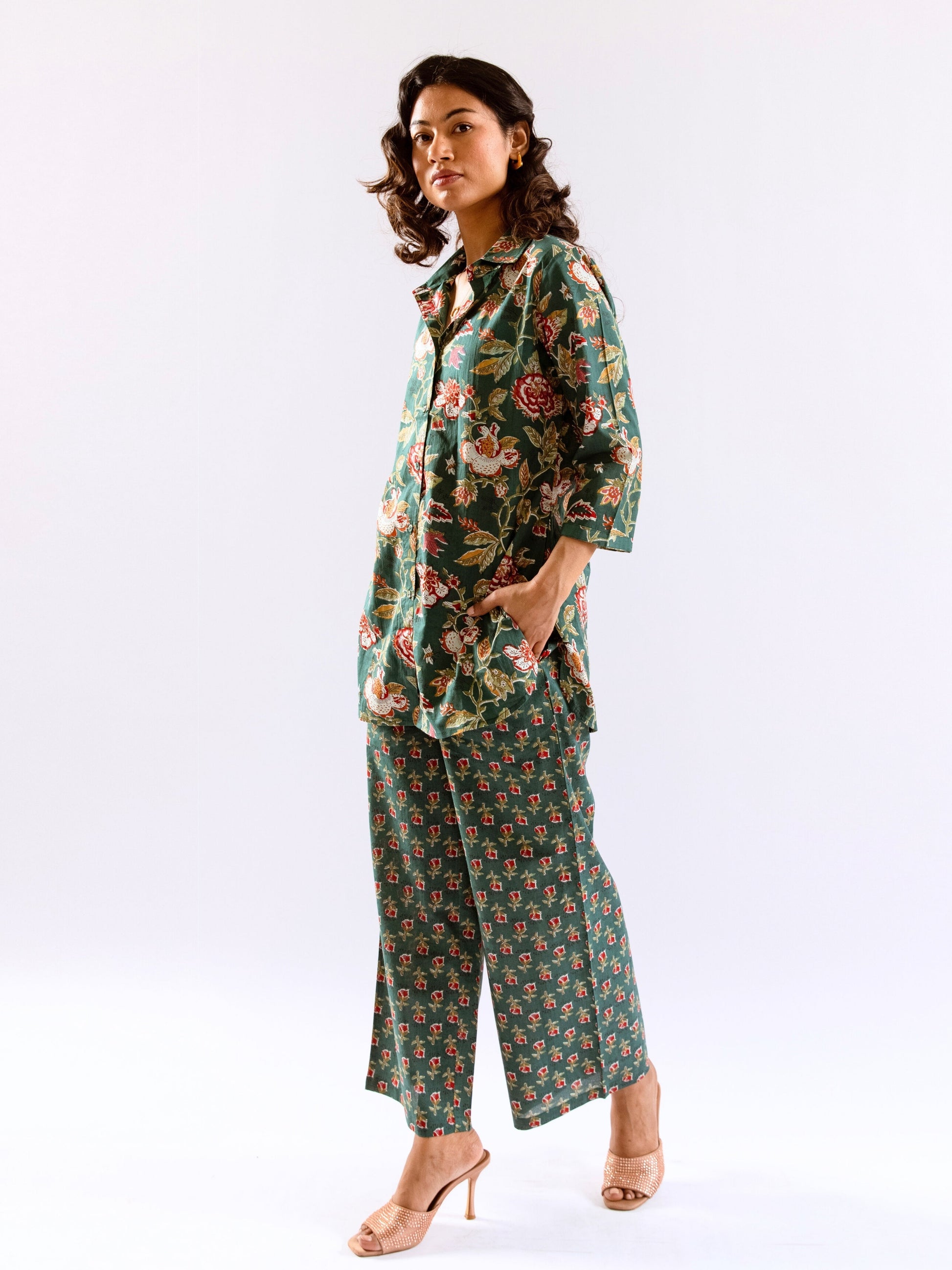 Green Leafy Charm Print Pure Cotton Collar Shirt Co-ord set