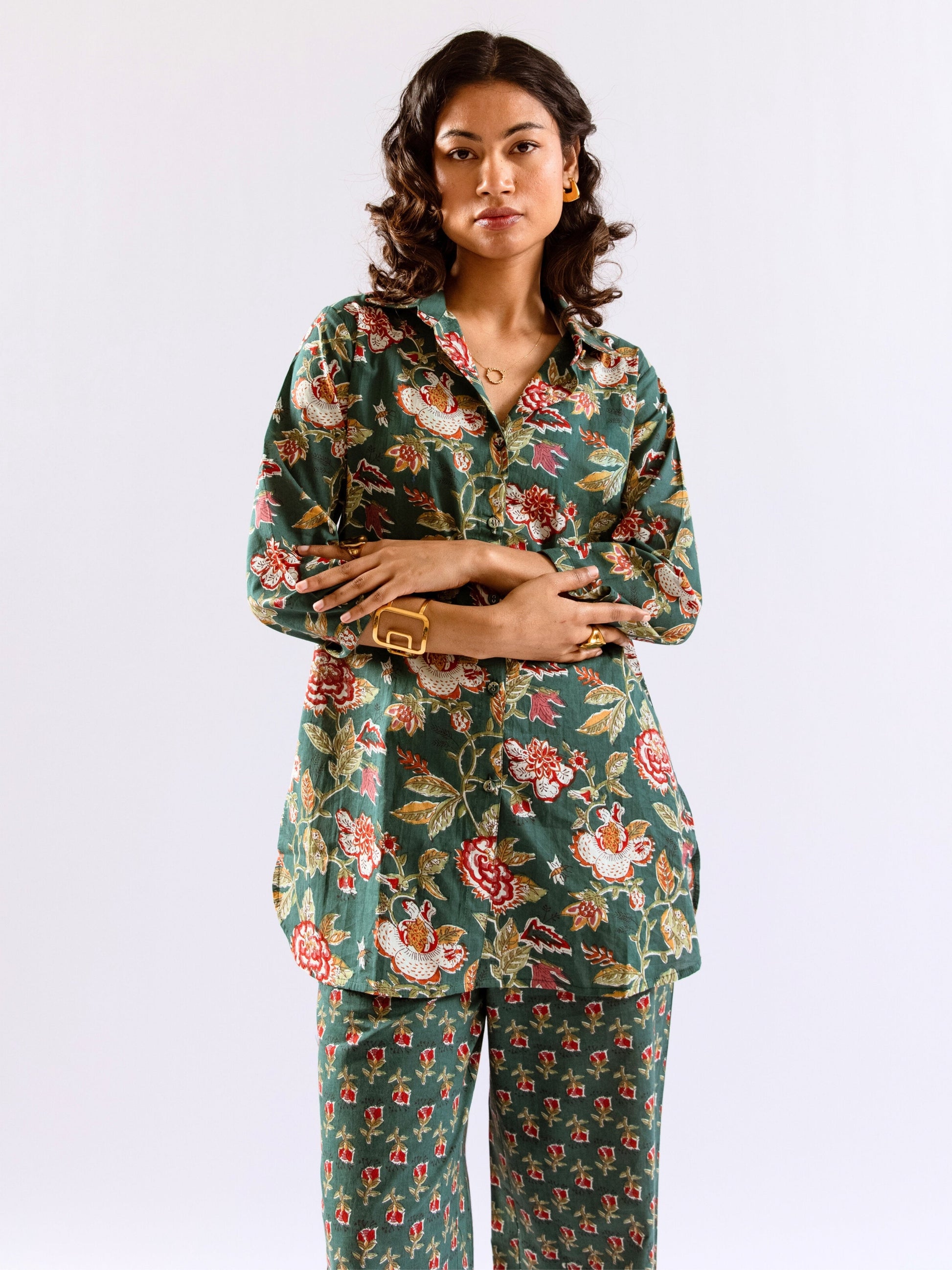 Green Leafy Charm Print Pure Cotton Collar Shirt Co-ord set