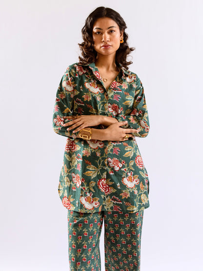 Green Leafy Charm Print Pure Cotton Collar Shirt Co-ord set