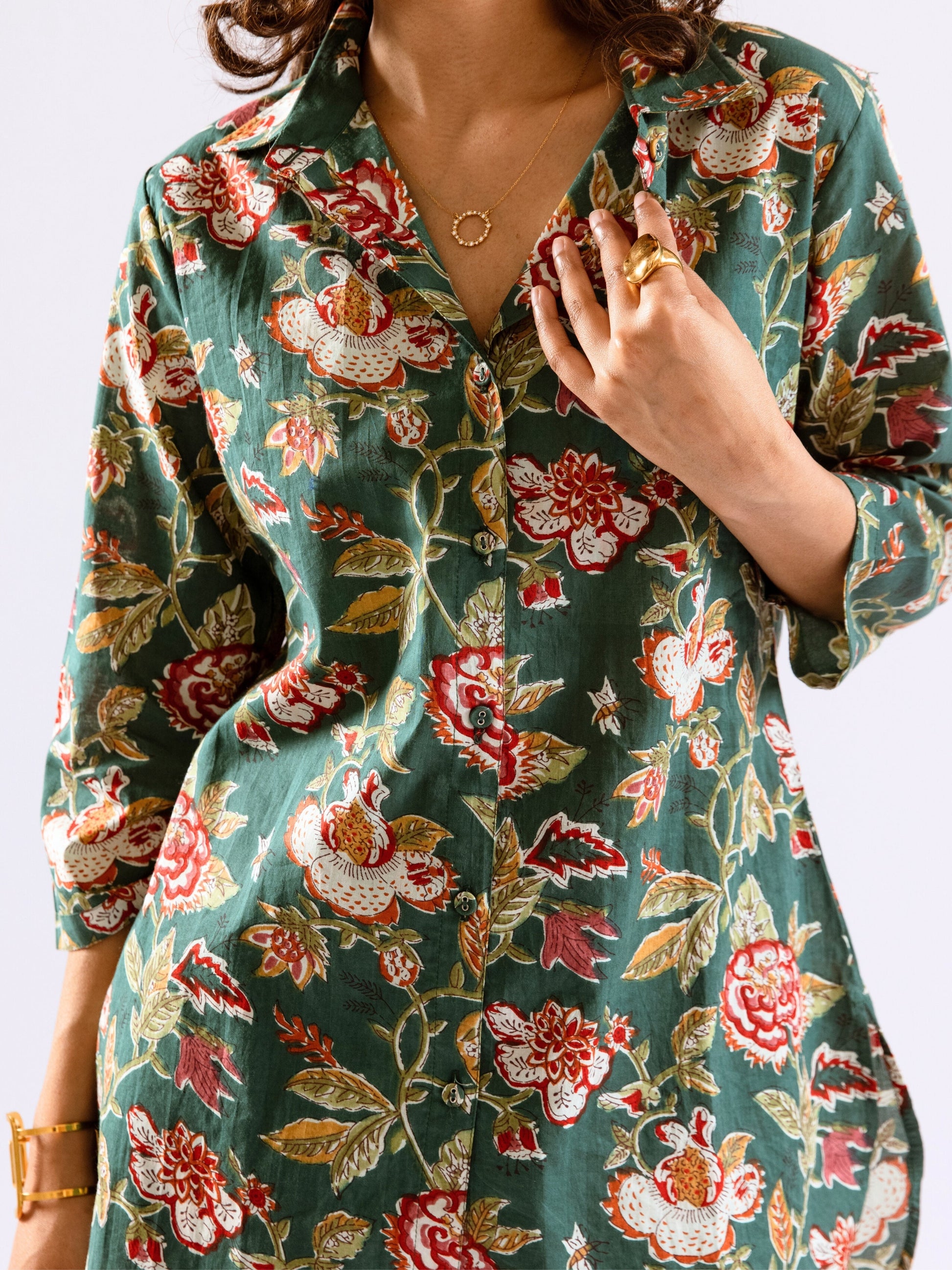 Green Leafy Charm Print Pure Cotton Collar Shirt Co-ord set