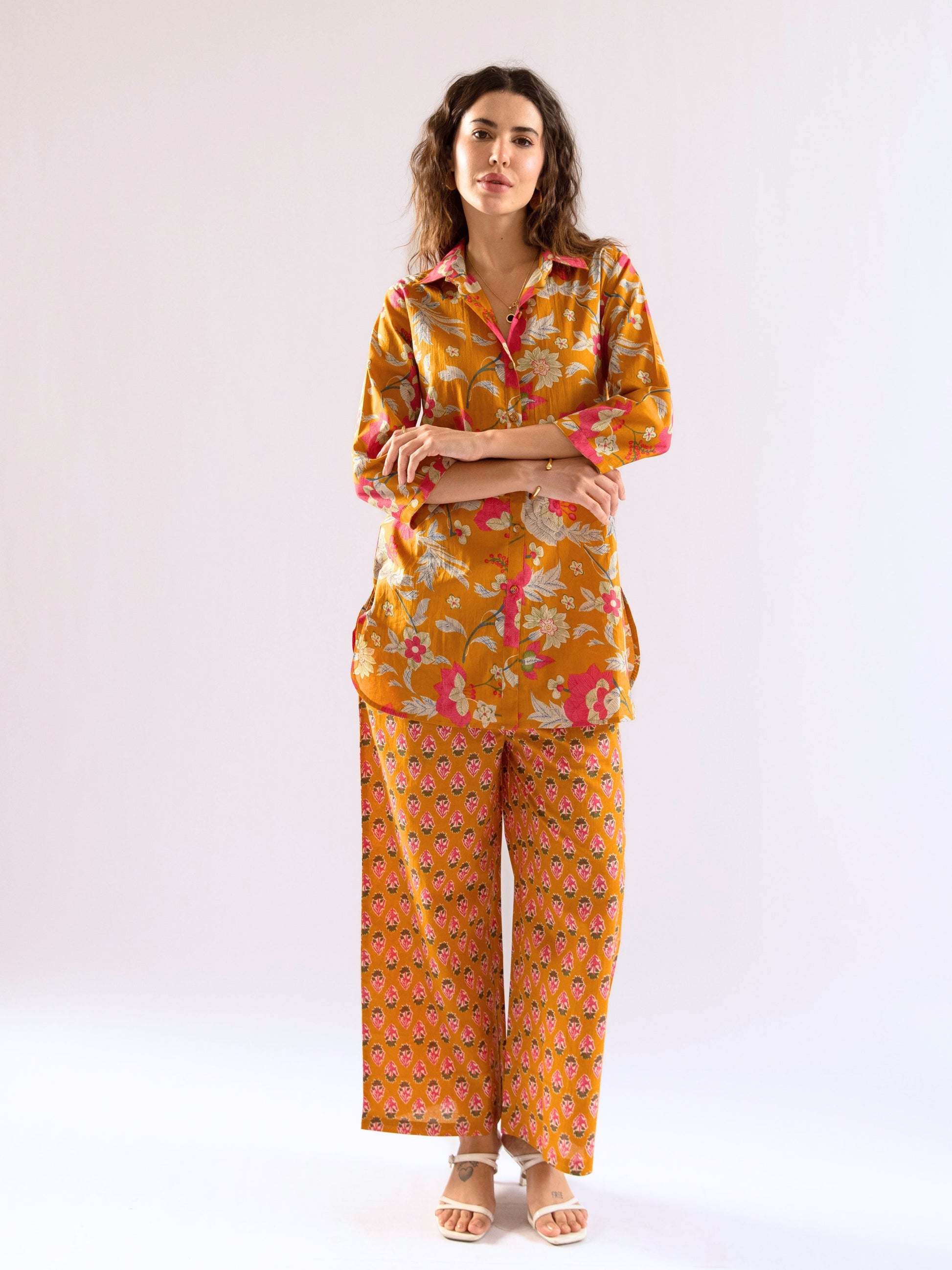 Mustard Saffron Petal Pure Cotton Collar Shirt Co-ord set