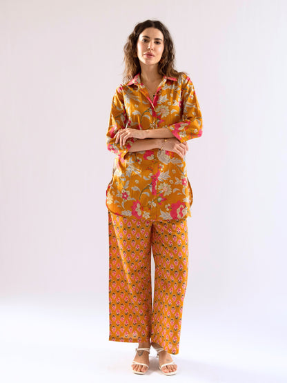 Mustard Saffron Petal Pure Cotton Collar Shirt Co-ord set