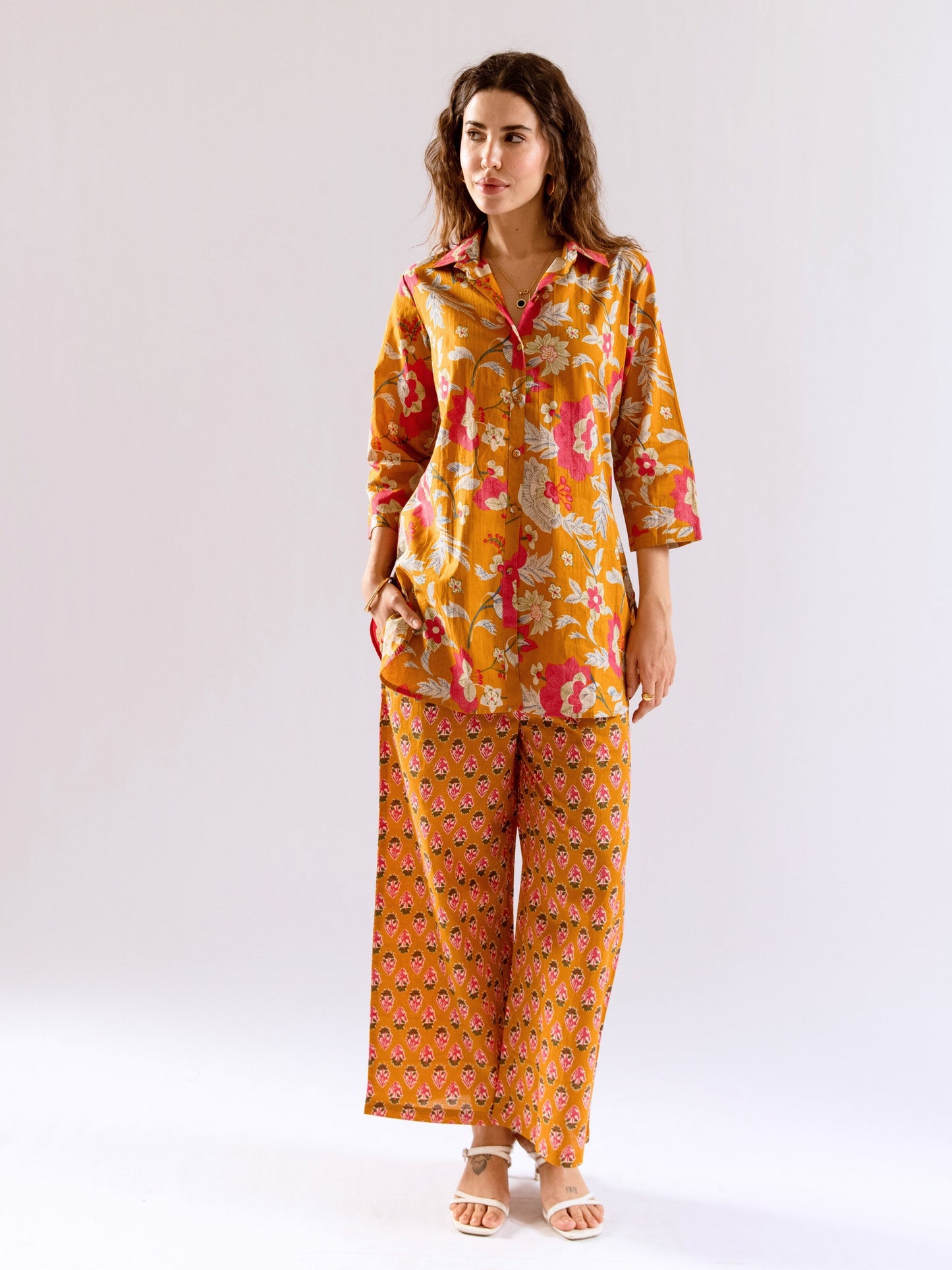 Mustard Saffron Petal Pure Cotton Collar Shirt Co-ord set