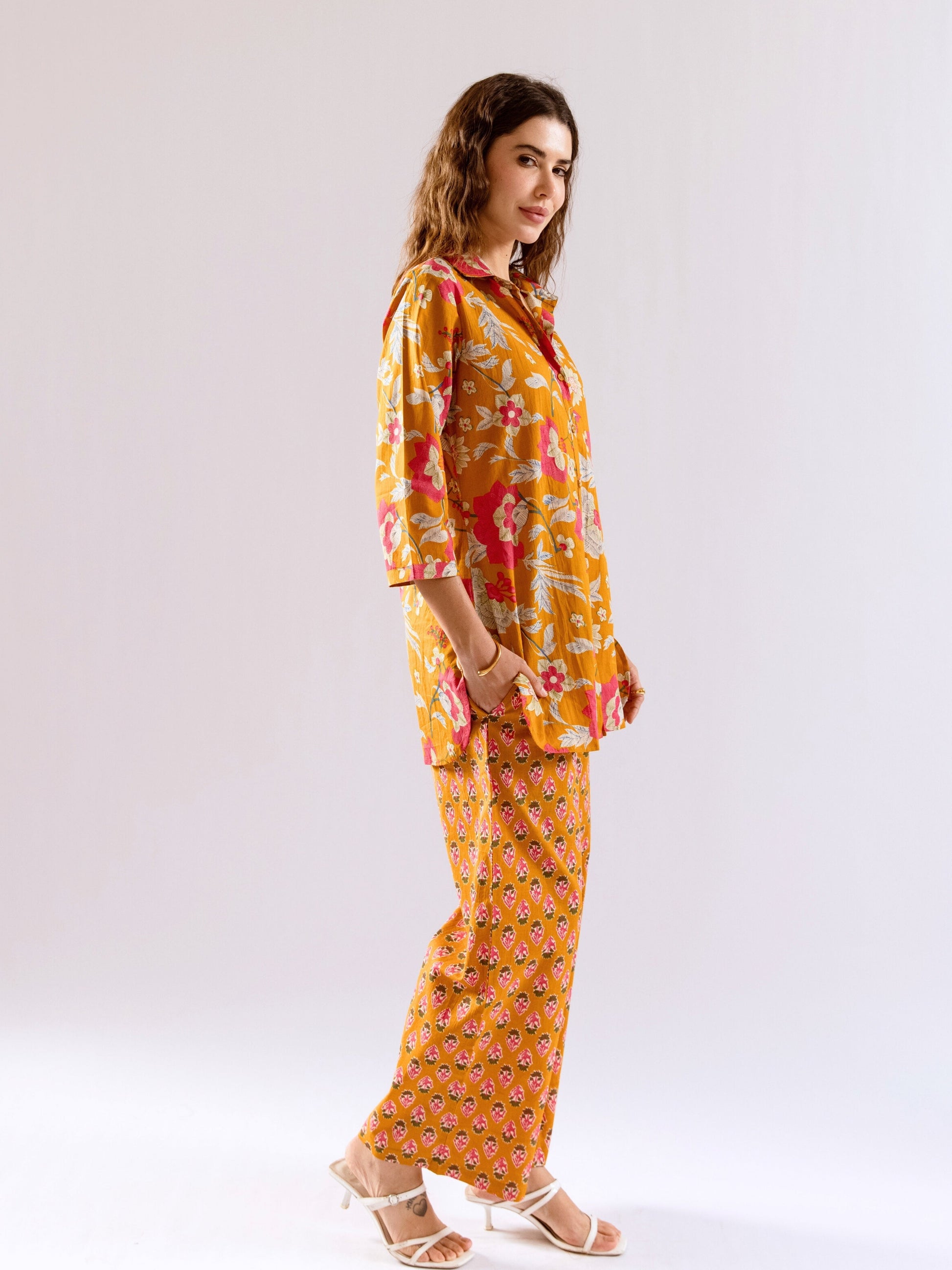 Mustard Saffron Petal Pure Cotton Collar Shirt Co-ord set