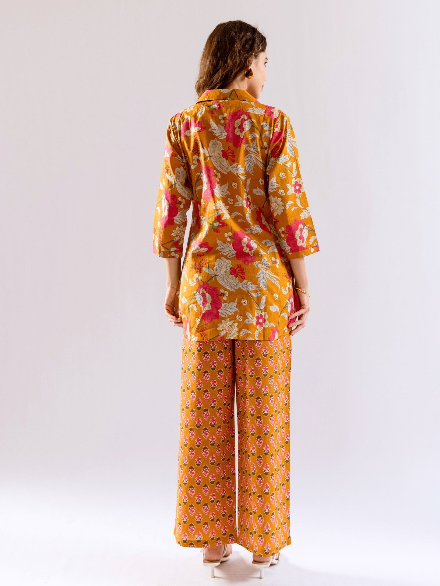 Mustard Saffron Petal Pure Cotton Collar Shirt Co-ord set