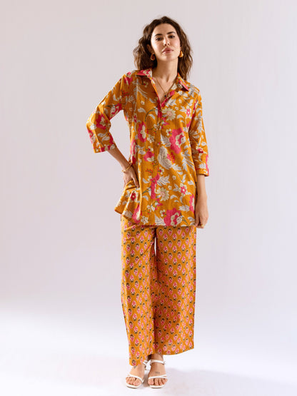 Mustard Saffron Petal Pure Cotton Collar Shirt Co-ord set