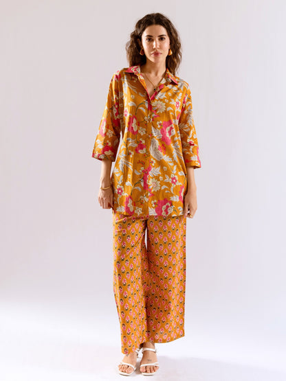 Mustard Saffron Petal Pure Cotton Collar Shirt Co-ord set
