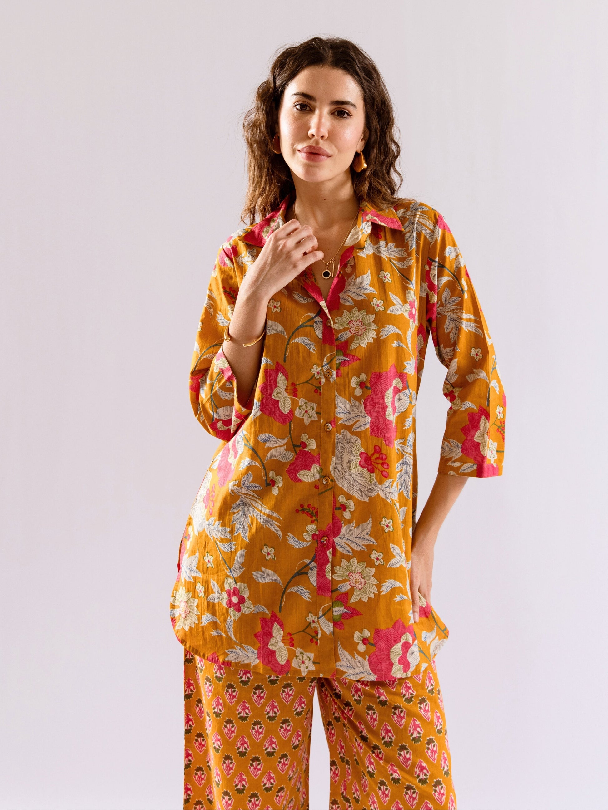 Mustard Saffron Petal Pure Cotton Collar Shirt Co-ord set