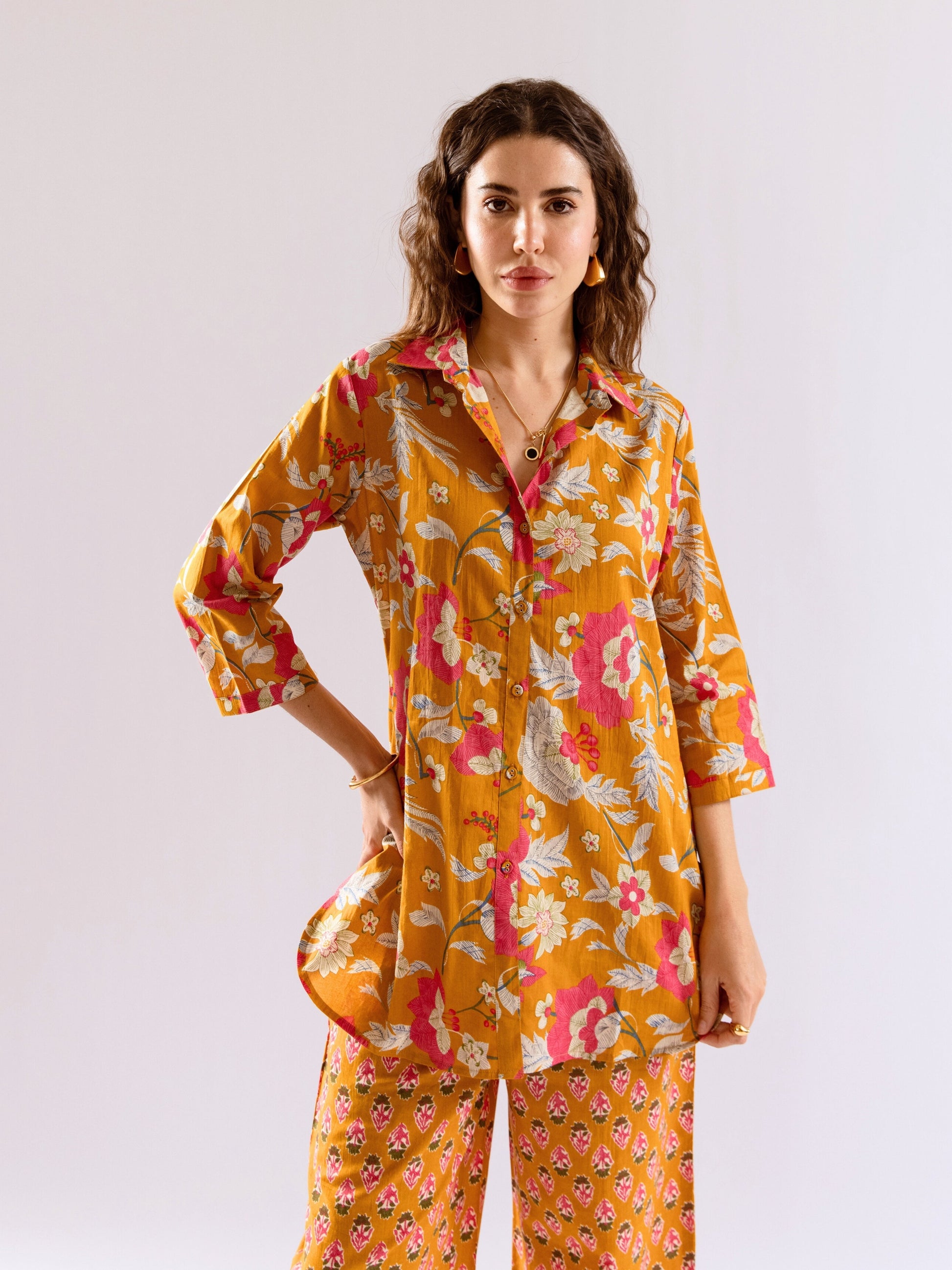 Mustard Saffron Petal Pure Cotton Collar Shirt Co-ord set
