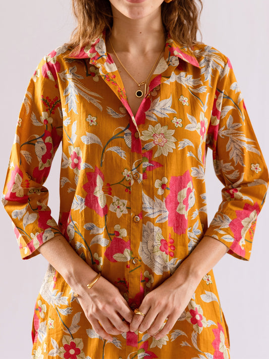 Mustard Saffron Petal Pure Cotton Collar Shirt Co-ord set