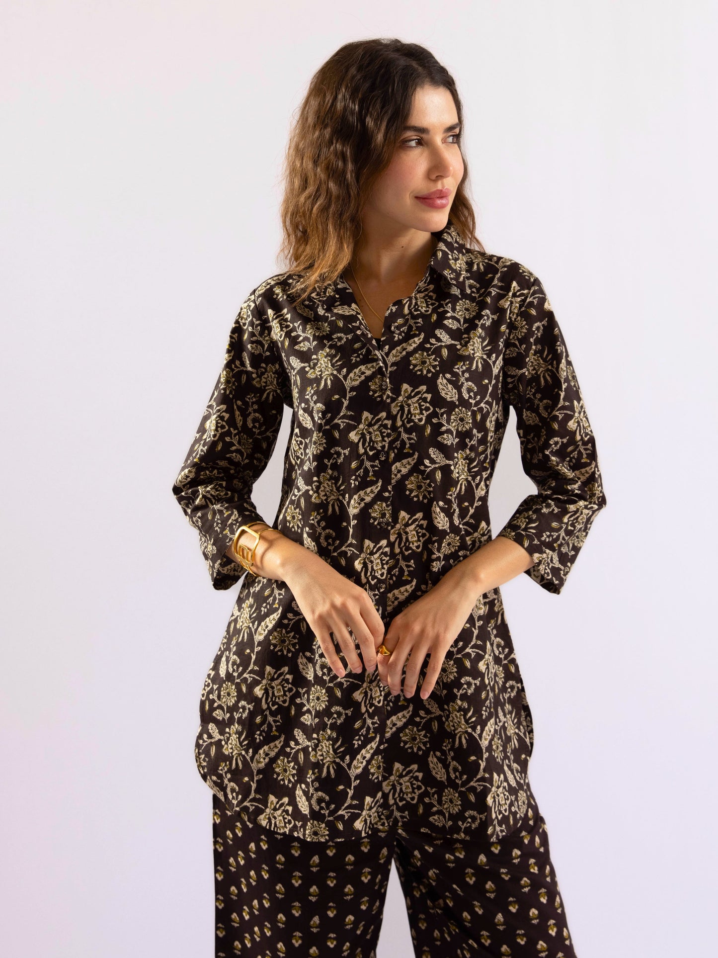 Black Flora Fiesta Pure Cotton Collar Shirt Co-ord set