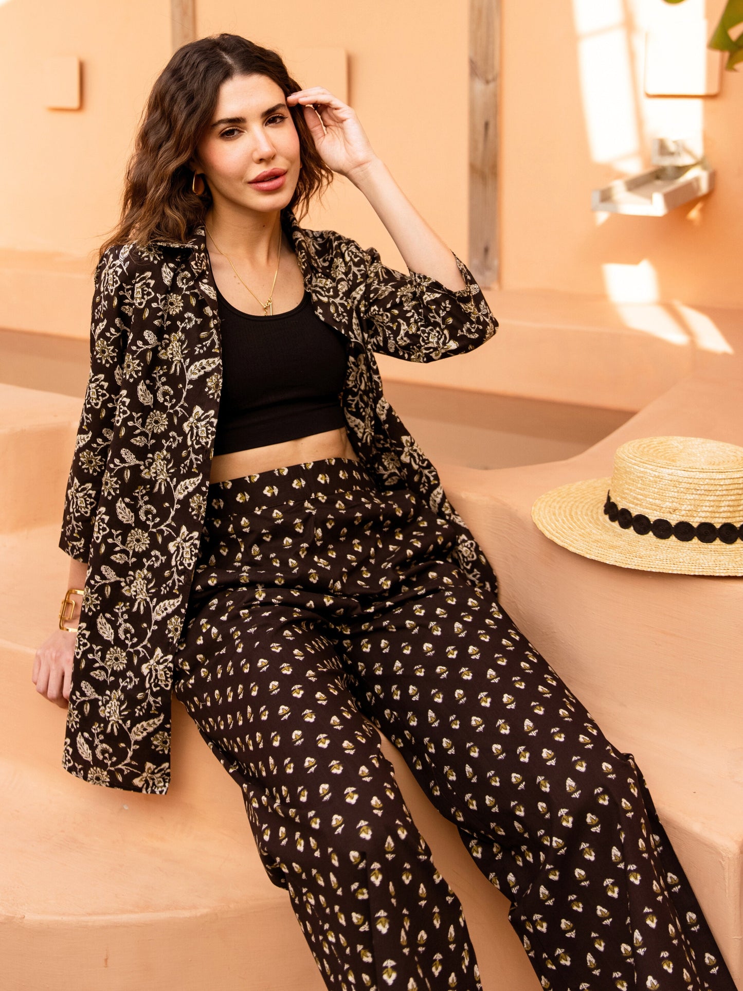 Black Flora Fiesta Pure Cotton Collar Shirt Co-ord set