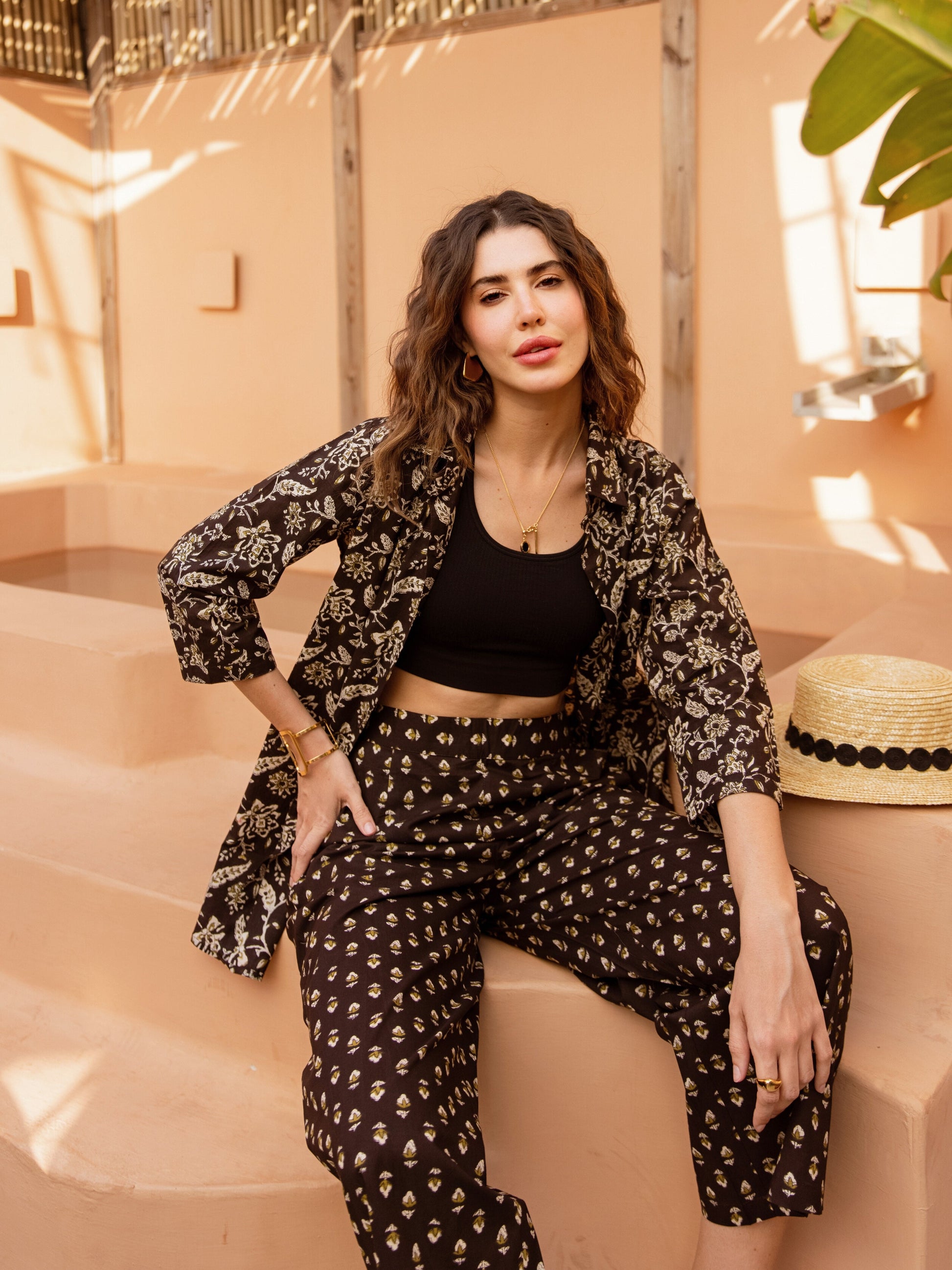 Black Flora Fiesta Pure Cotton Collar Shirt Co-ord set