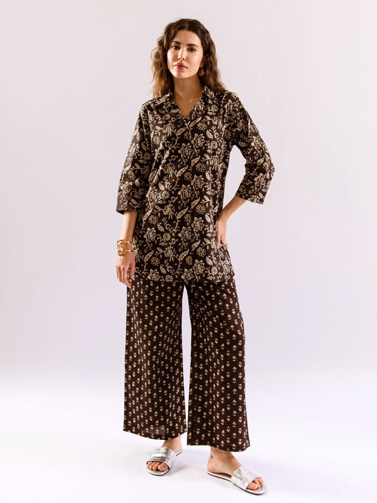 Black Flora Fiesta Pure Cotton Collar Shirt Co-ord set