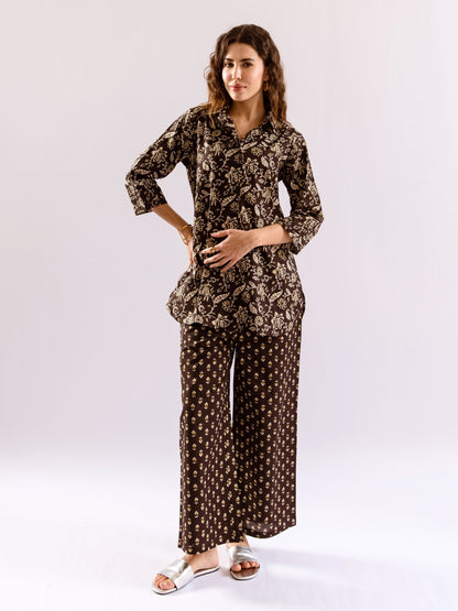 Black Flora Fiesta Pure Cotton Collar Shirt Co-ord set