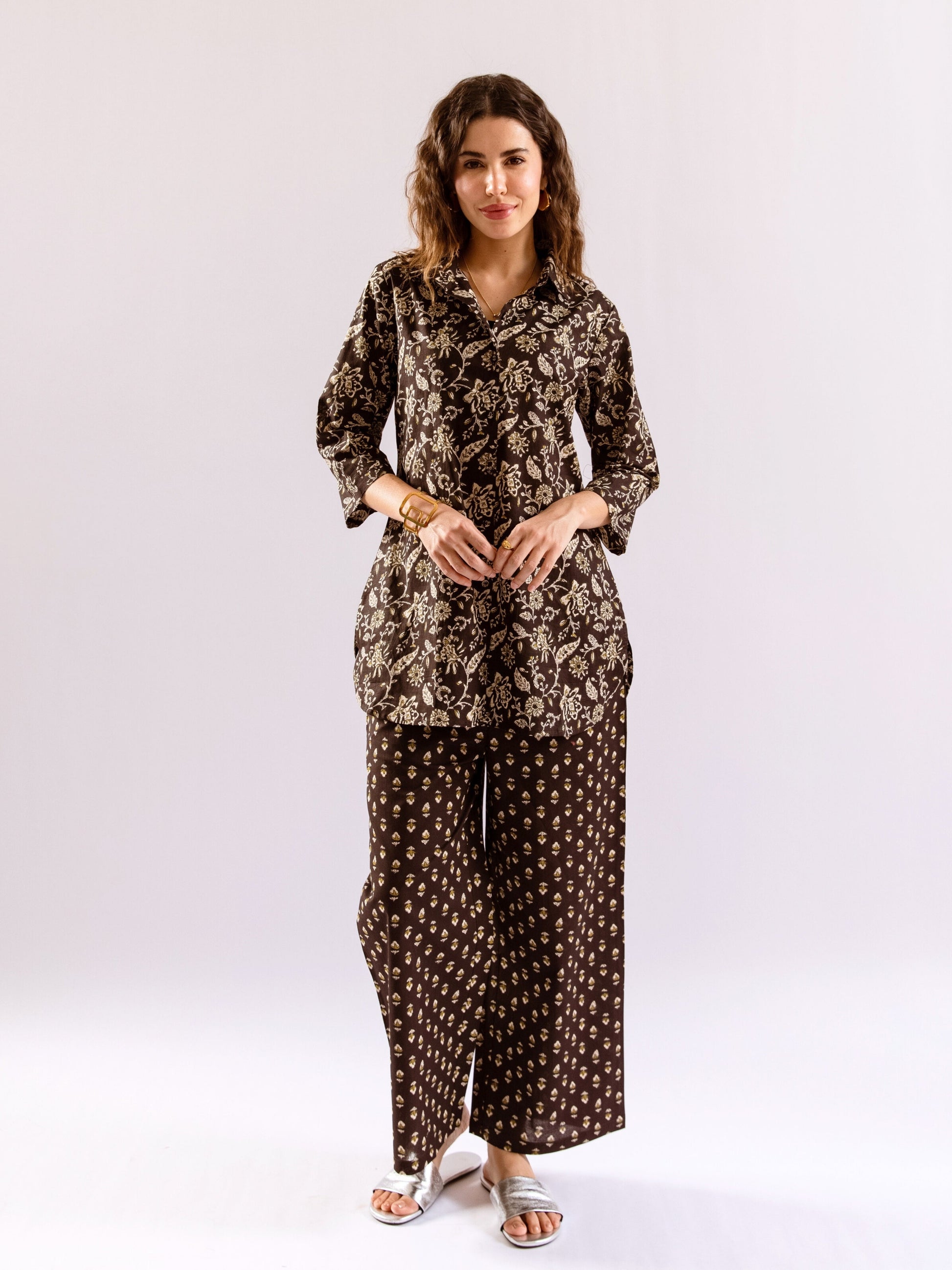 Black Flora Fiesta Pure Cotton Collar Shirt Co-ord set