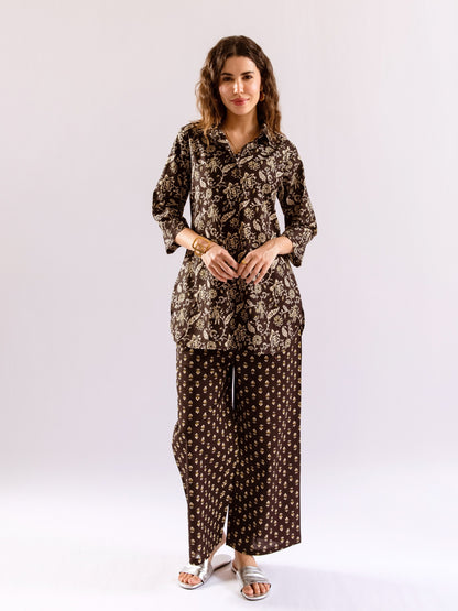 Black Flora Fiesta Pure Cotton Collar Shirt Co-ord set