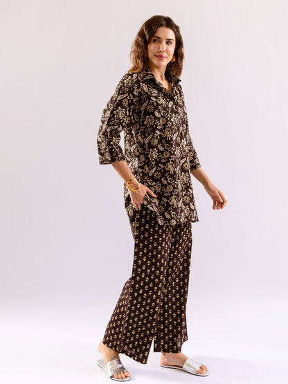 Black Flora Fiesta Pure Cotton Collar Shirt Co-ord set