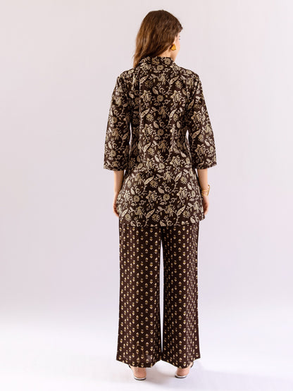 Black Flora Fiesta Pure Cotton Collar Shirt Co-ord set