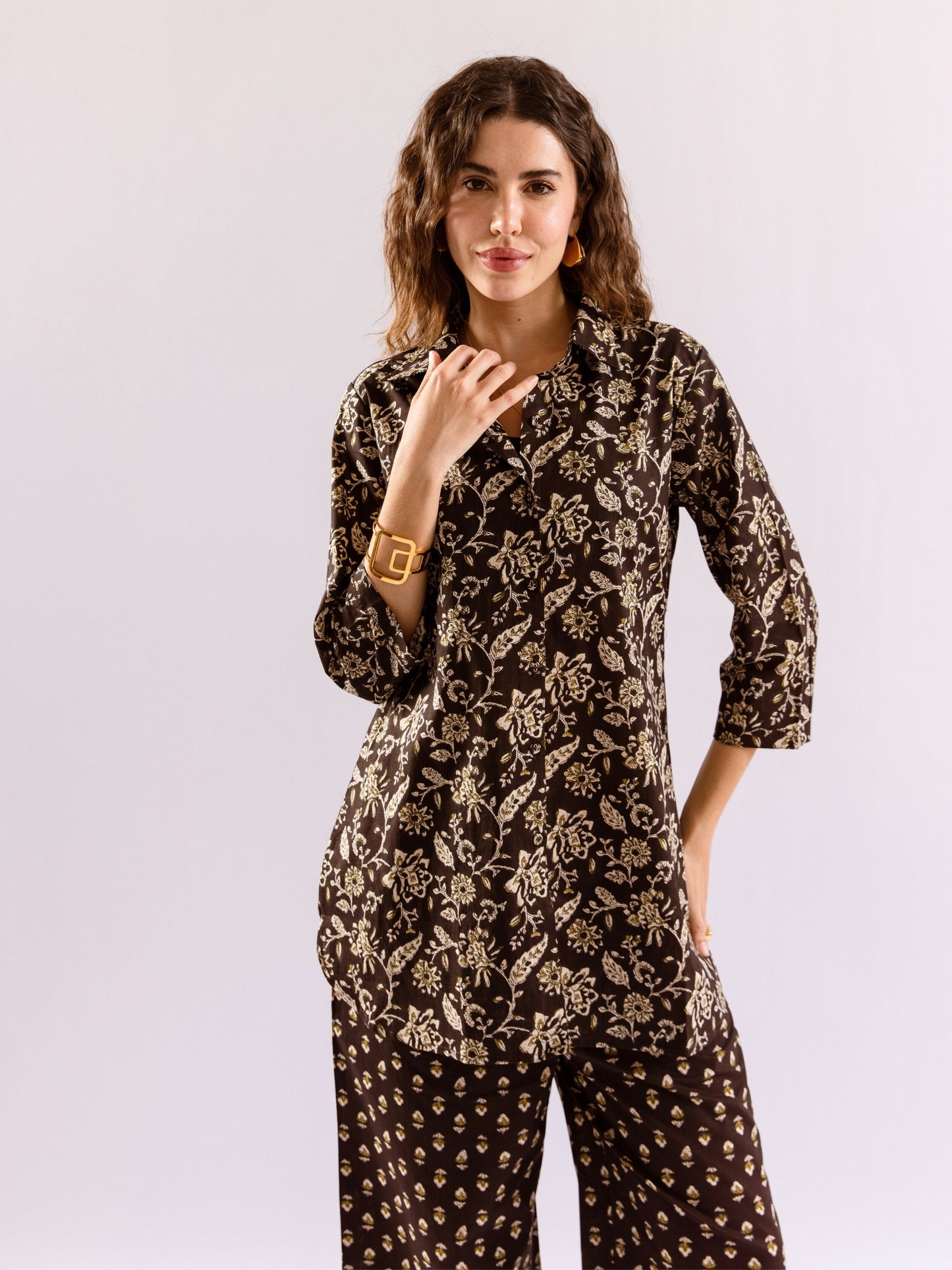 Black Flora Fiesta Pure Cotton Collar Shirt Co-ord set