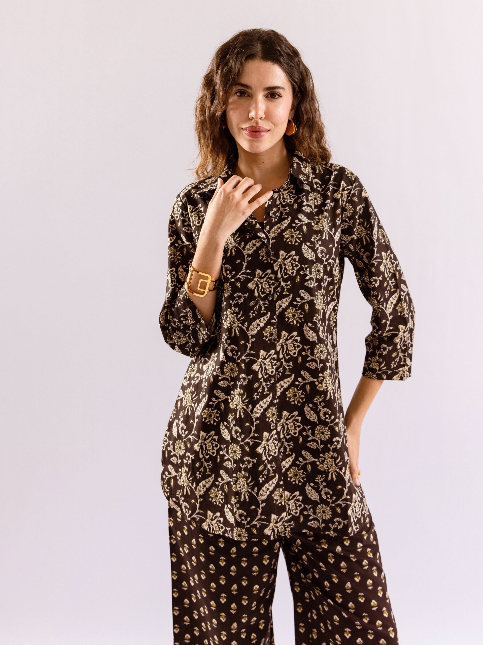 Black Flora Fiesta Pure Cotton Collar Shirt Co-ord set