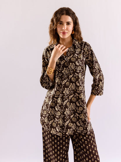 Black Flora Fiesta Pure Cotton Collar Shirt Co-ord set
