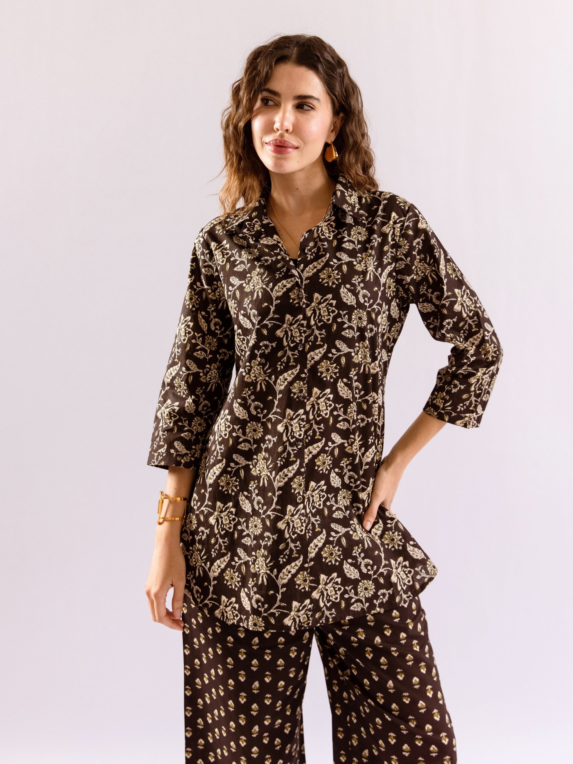 Black Flora Fiesta Pure Cotton Collar Shirt Co-ord set