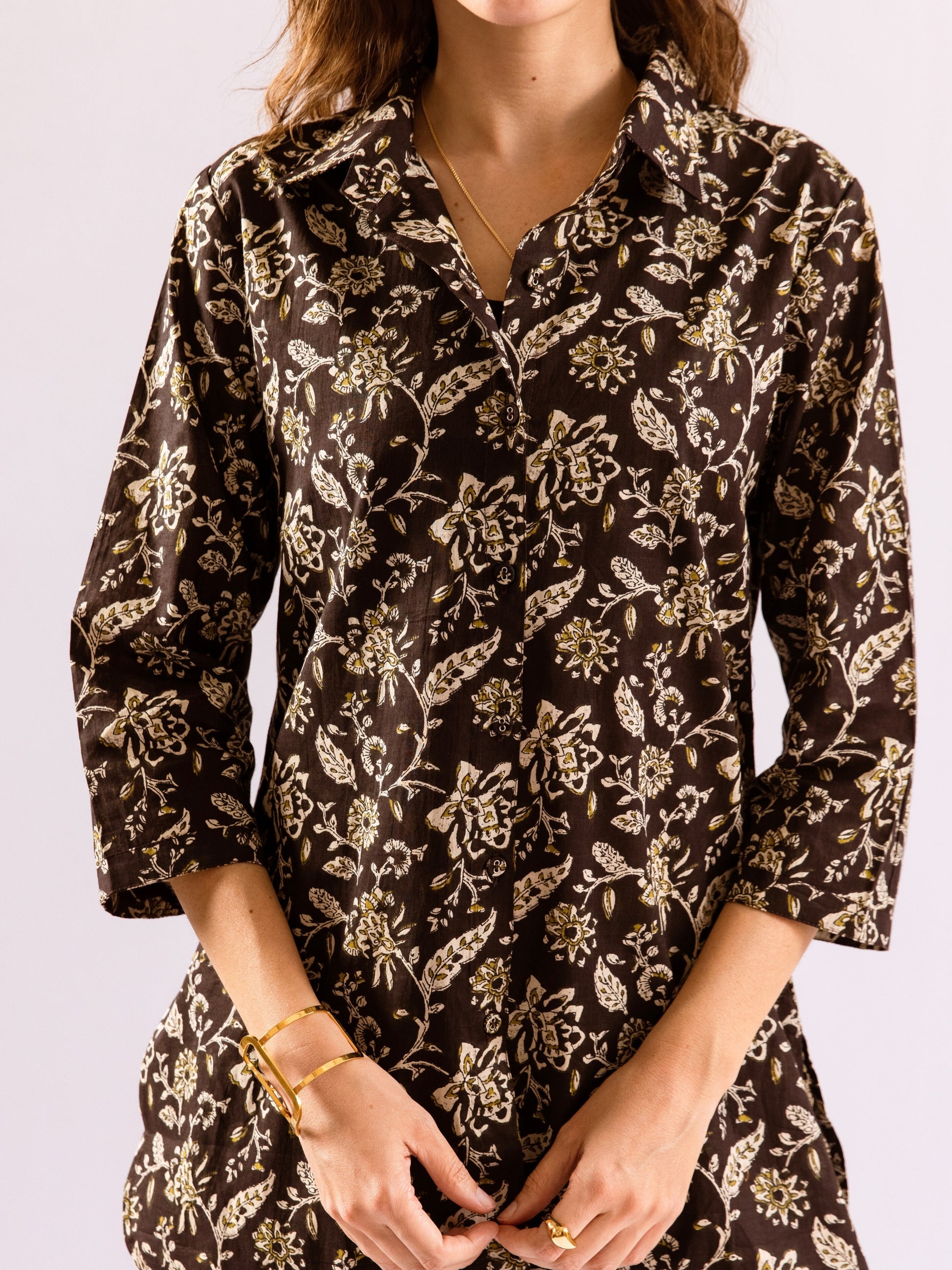 Black Flora Fiesta Pure Cotton Collar Shirt Co-ord set