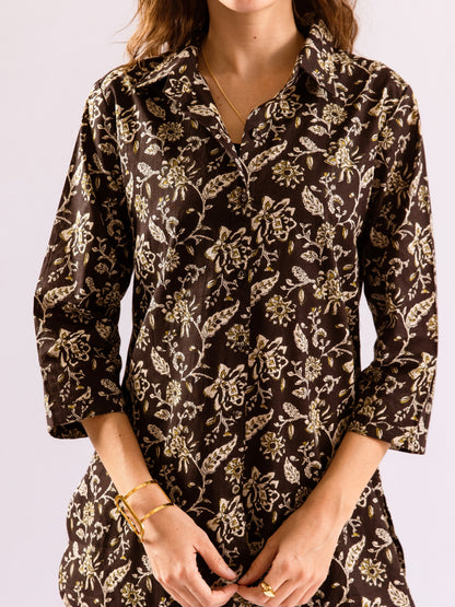 Black Flora Fiesta Pure Cotton Collar Shirt Co-ord set