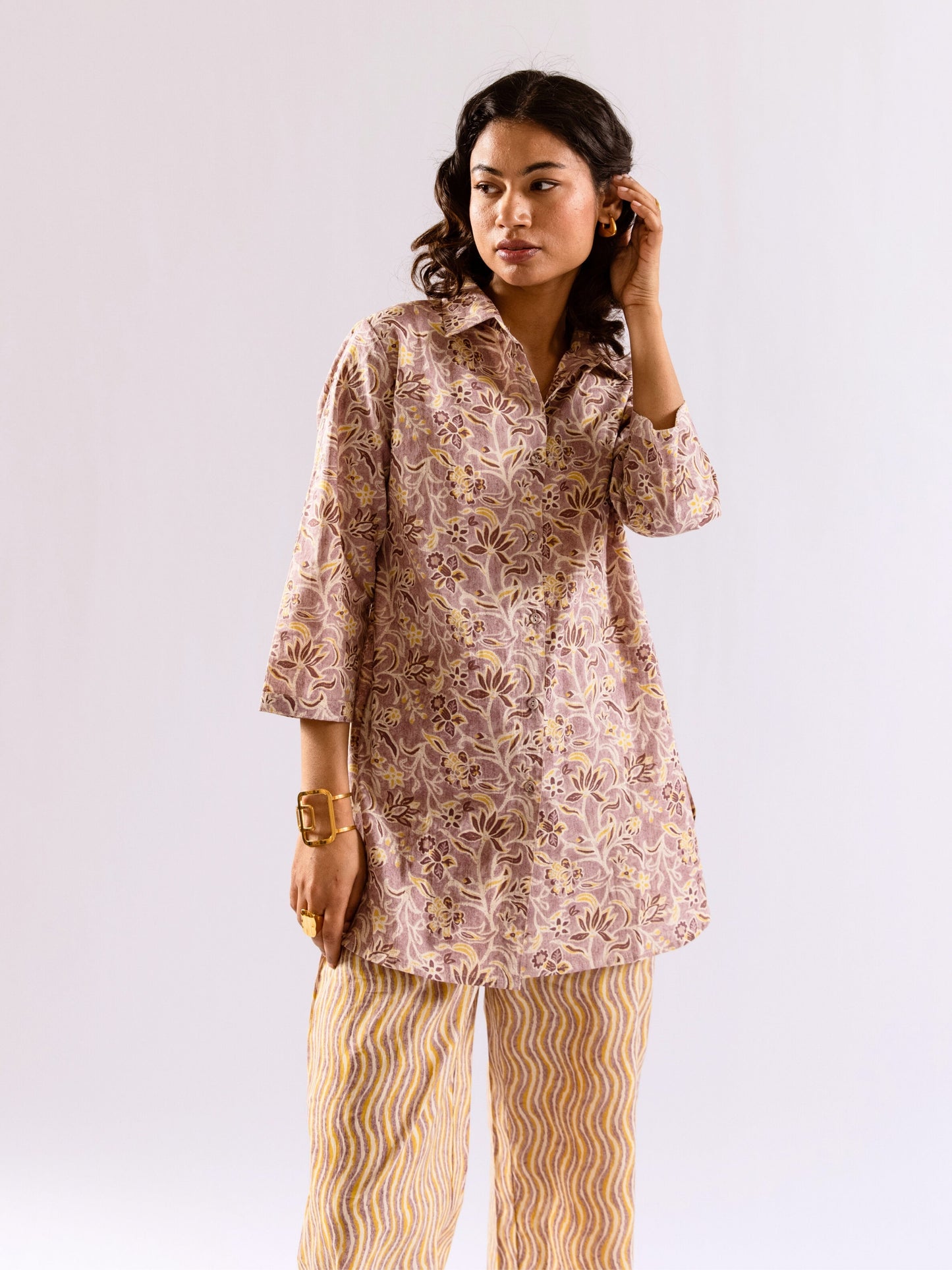 Lavender Bloom Chill Pure Cotton Collar Shirt Co-ord set