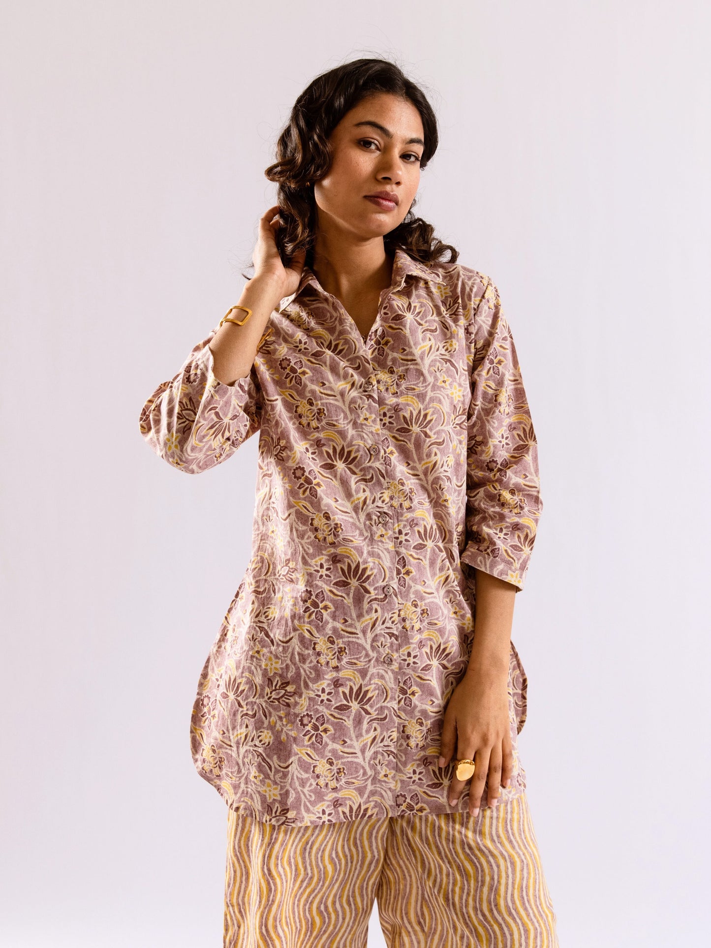 Lavender Bloom Chill Pure Cotton Collar Shirt Co-ord set