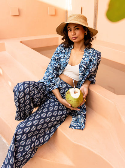 Indigo Floral Flirt Pure Cotton Back Pleated Co-ord set