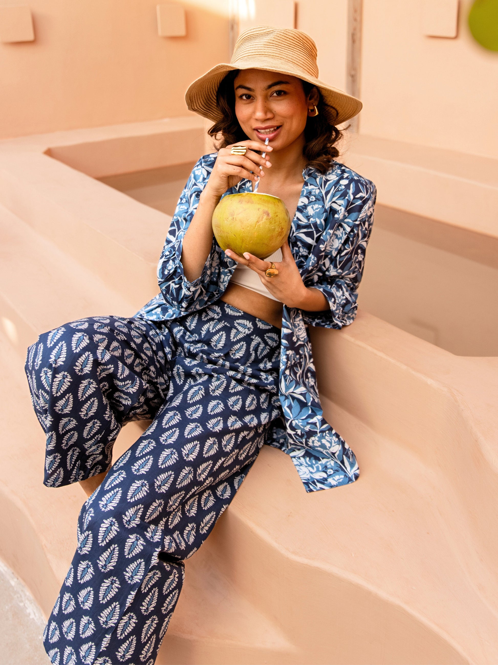 Indigo Floral Flirt Pure Cotton Back Pleated Co-ord set