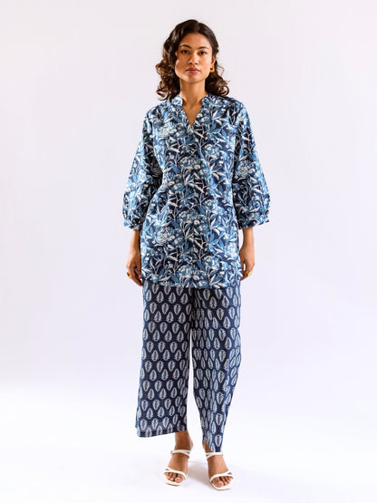 Indigo Floral Flirt Pure Cotton Back Pleated Co-ord set