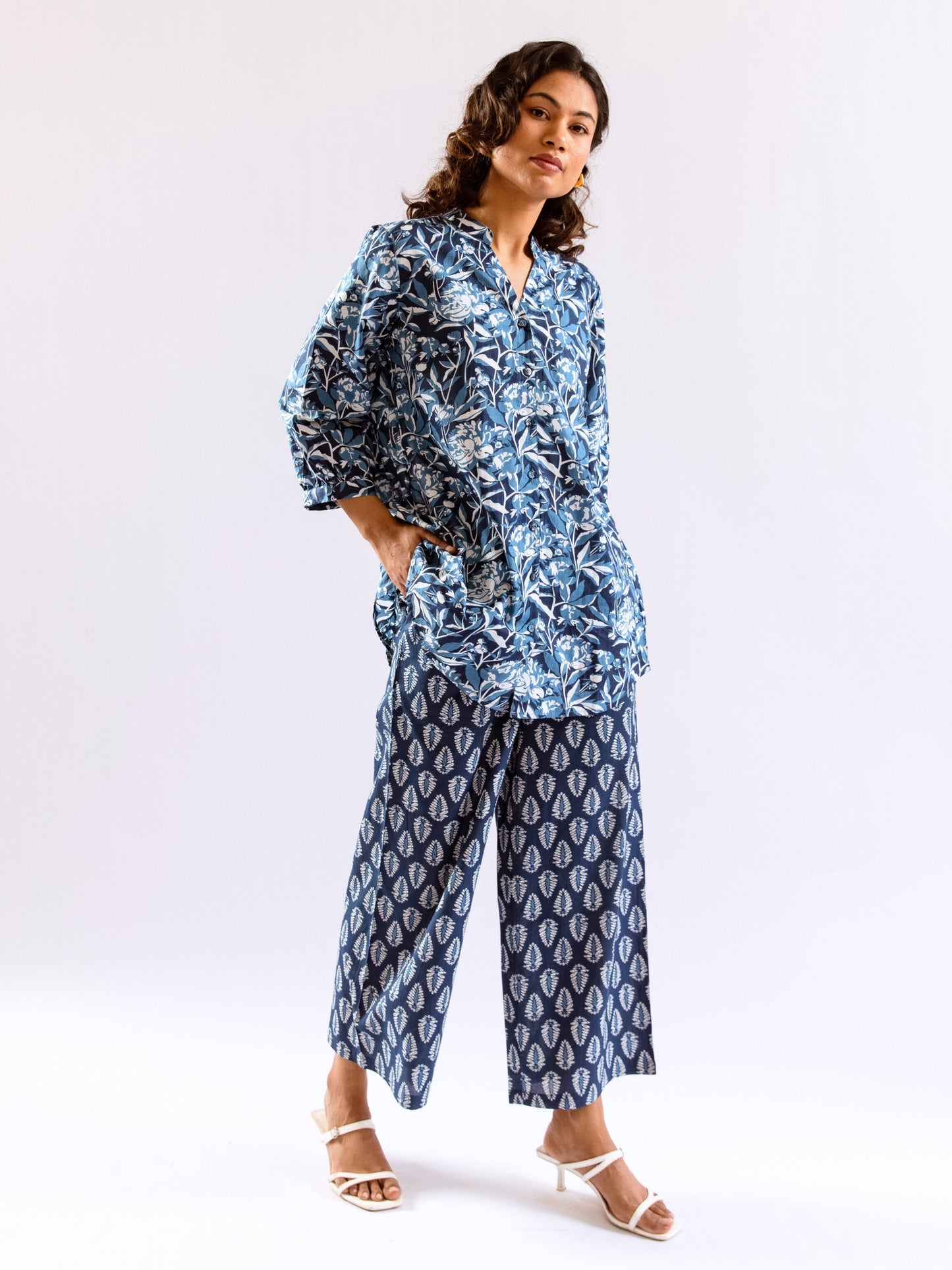 Indigo Floral Flirt Pure Cotton Back Pleated Co-ord set
