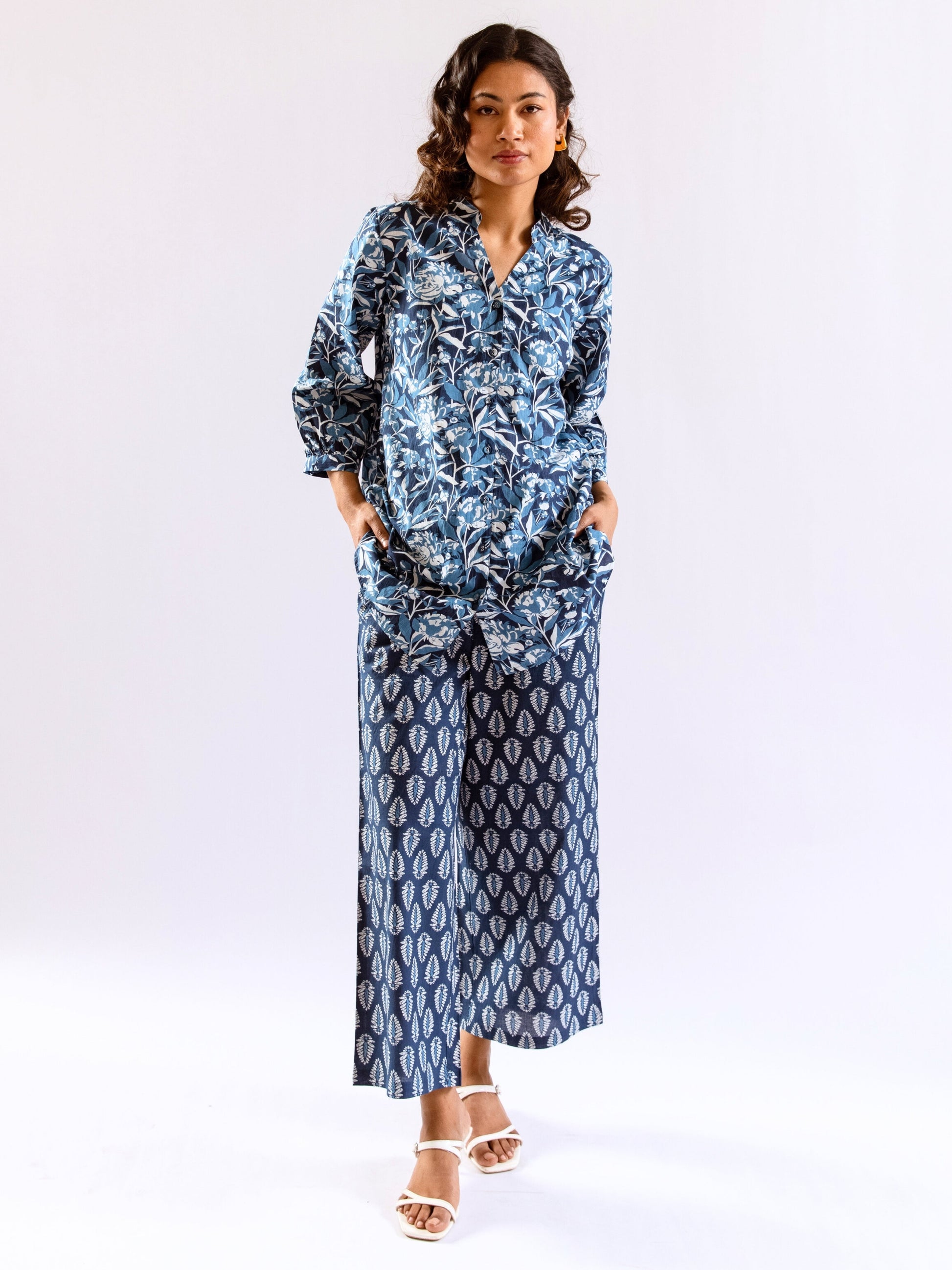 Indigo Floral Flirt Pure Cotton Back Pleated Co-ord set