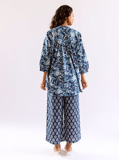 Indigo Floral Flirt Pure Cotton Back Pleated Co-ord set